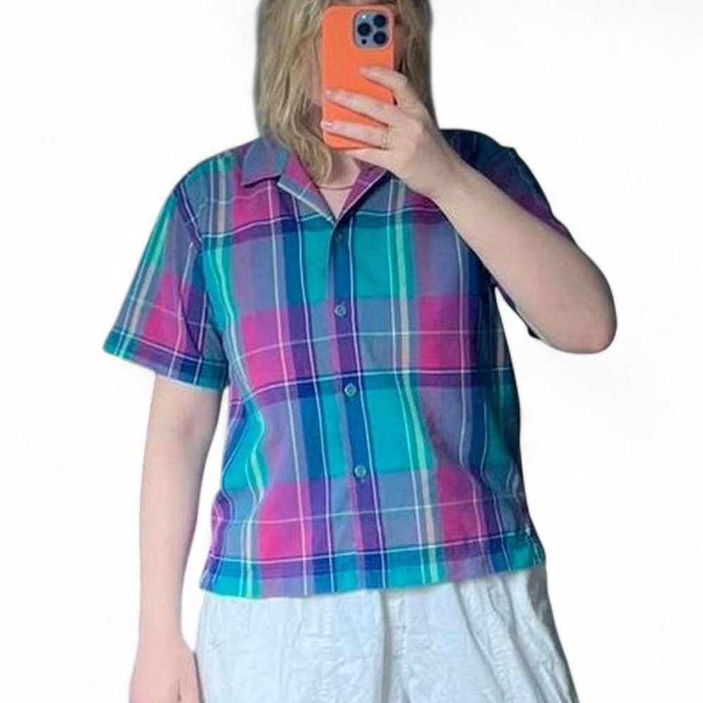 Jantzen Vintage Plaid Boxy Button Up Shirt Short Sleeve Multi Color Medium